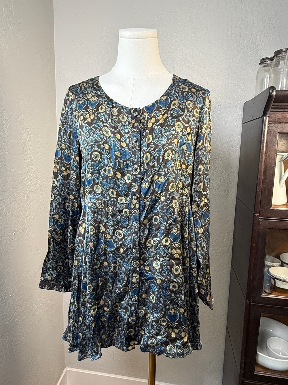 Folksong Amber Floral Deep Blue Peplum Boho Tunic Top Size M